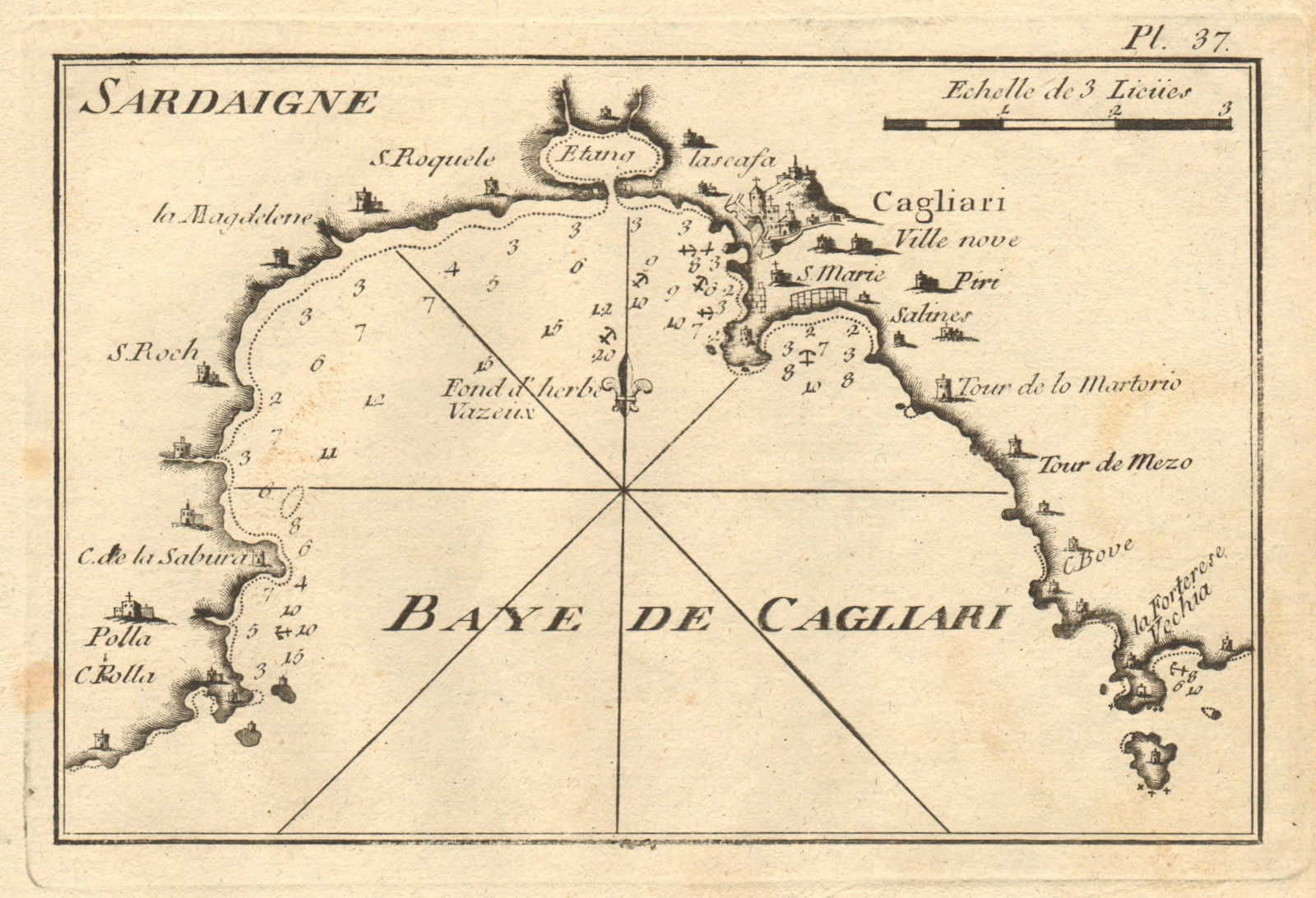 Baye de Cagliari (Sardaigne). Gulf of Cagliari, Sardinia, Italy. ROUX 1804 map